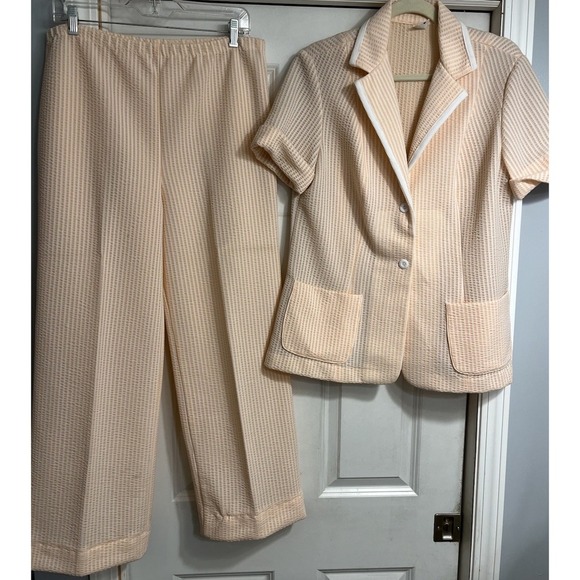 Womens Leisure Suit Pink & White Stripe Seersucker‎ Pant Top Sz 16 Vtg
